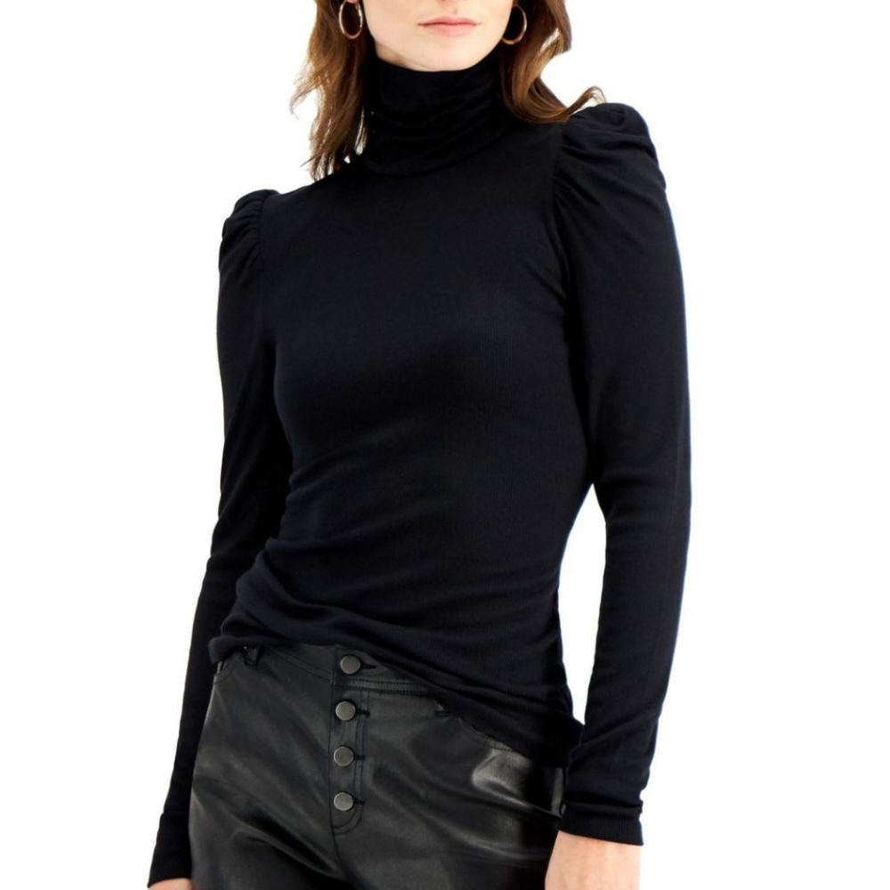 INC Puff-Sleeve Ribbed Turtleneck Top Black Women's Size Medium